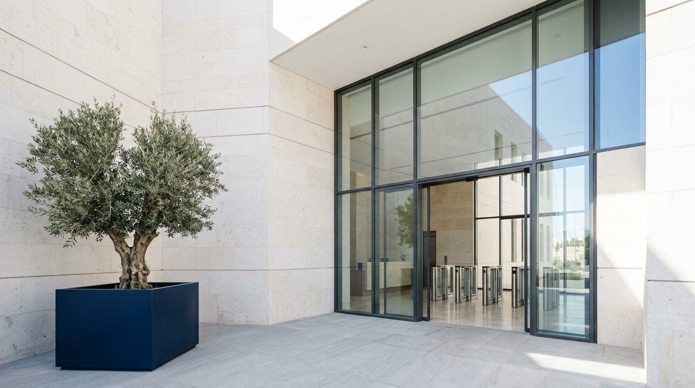 Modern limestone institutional entrance with glass doors and security turnstiles