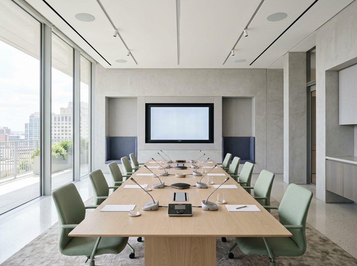 Conference boardroom with discussion microphones and a large display
